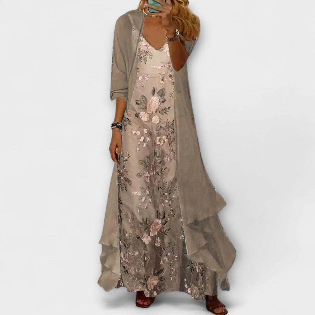 Lily - Floral Maxi Dress for Women with Open Front Cardigan and V-Neck