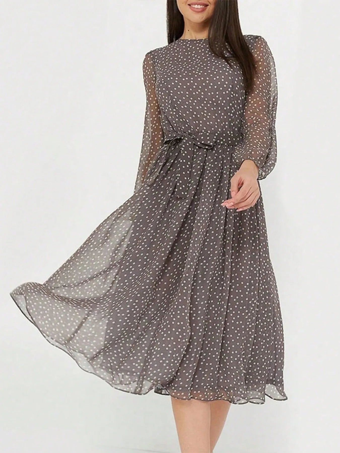 Lily - Romantic Women's Wedding Guest Midi Dress with Long Sleeves and Polka Dot Print