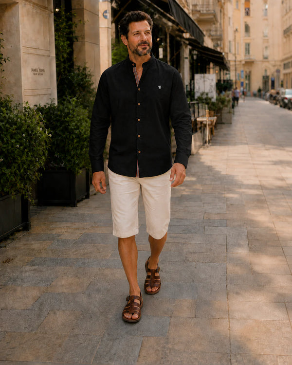 Logan - Smart Men's Linen Shirt with Grandad Collar and Long Sleeves