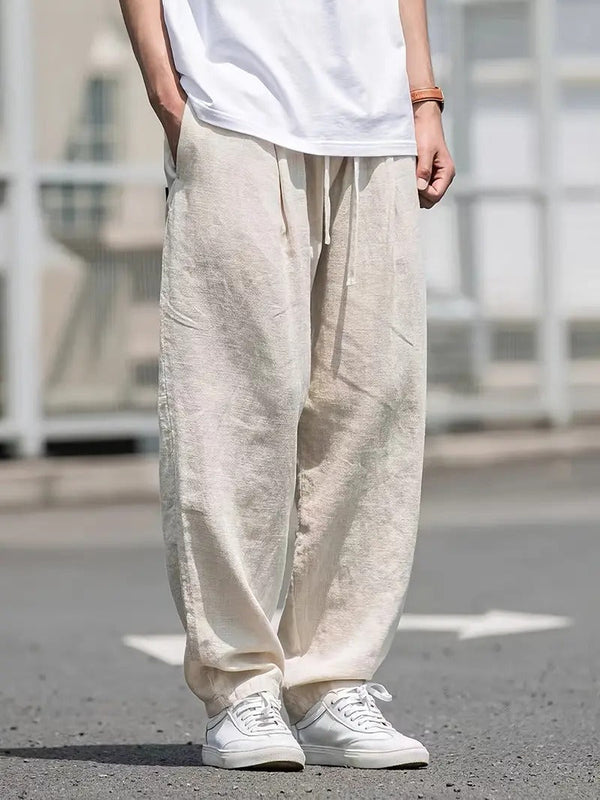 Lucas - Oversized Men's Wide Leg Linen Pants with Drawstring Waist and Side Pockets
