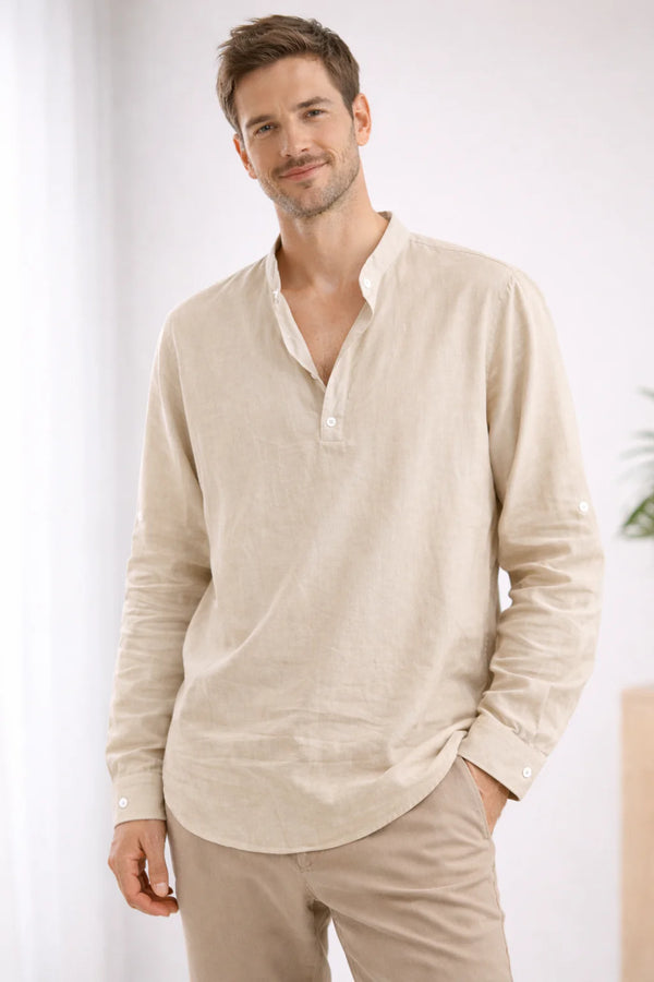 Mason - Casual Men's Linen Shirt with Grandad Collar and Roll-Tab Sleeves
