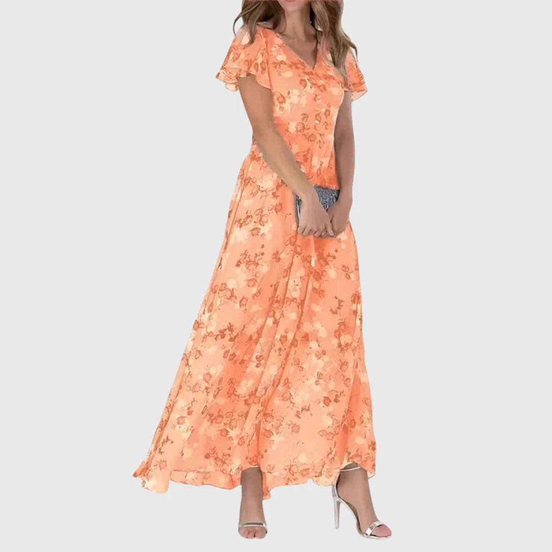 Mia - Flowy Floral Maxi Dress for Women with Flutter Sleeves and V-Neck