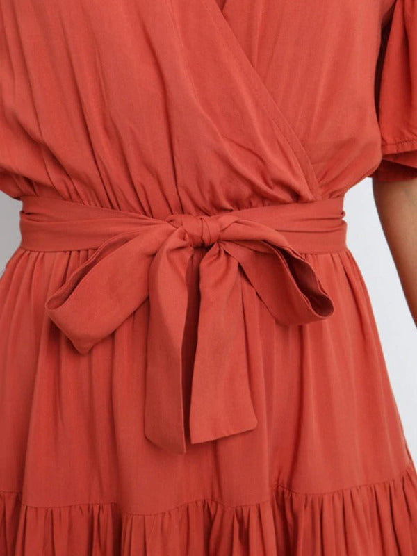 Mia - Flowy Women's Wedding Guest Midi Dress with Wrap V-Neckline and Tie Waist