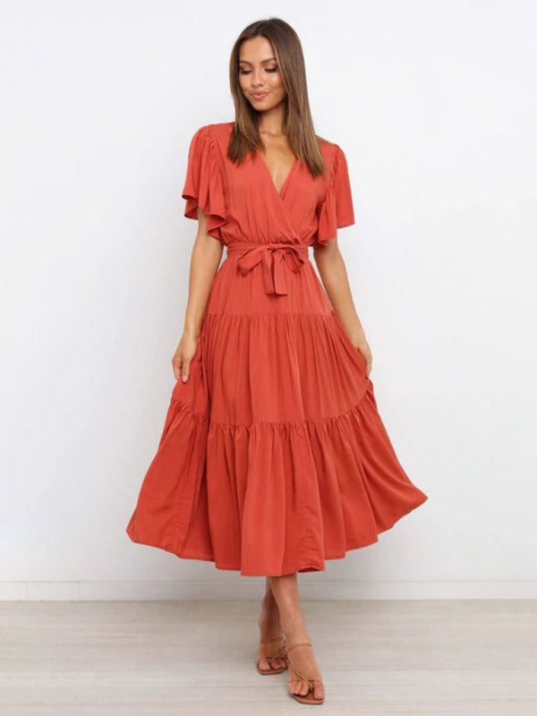 Mia - Flowy Women's Wedding Guest Midi Dress with Wrap V-Neckline and Tie Waist