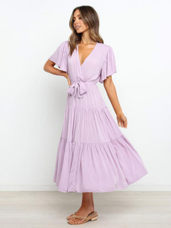 Mia - Flowy Women's Wedding Guest Midi Dress with Wrap V-Neckline and Tie Waist