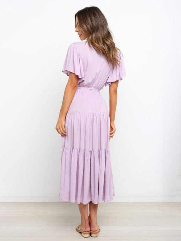 Mia - Flowy Women's Wedding Guest Midi Dress with Wrap V-Neckline and Tie Waist