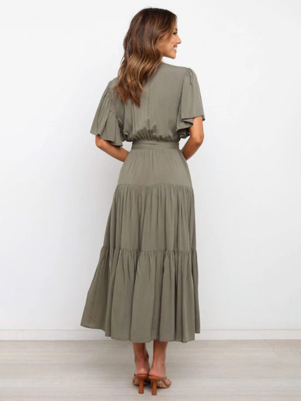 Mia - Flowy Women's Wedding Guest Midi Dress with Wrap V-Neckline and Tie Waist