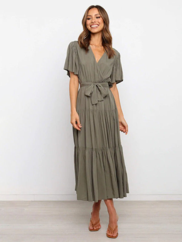 Mia - Flowy Women's Wedding Guest Midi Dress with Wrap V-Neckline and Tie Waist