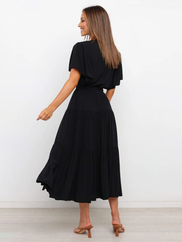 Mia - Flowy Women's Wedding Guest Midi Dress with Wrap V-Neckline and Tie Waist
