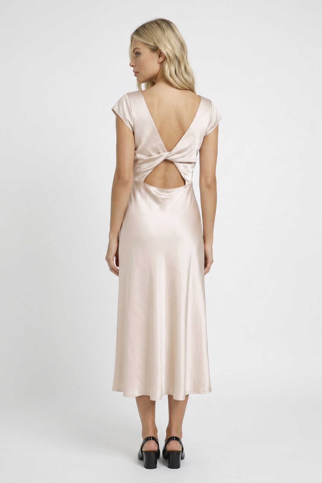 Midi Dress Women - Cowl Neck Cap Sleeve | Side Slit Twist Back
