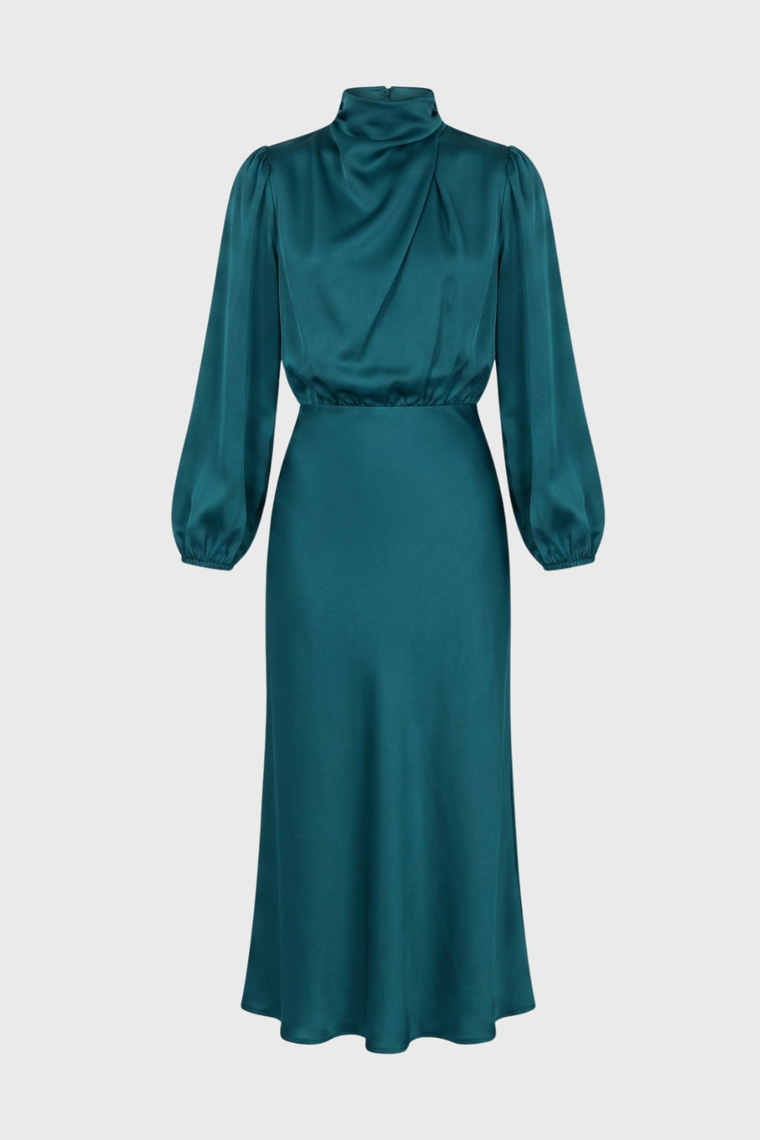 Midi Dress Women - Mock Neck Draped | Bishop Sleeve Design