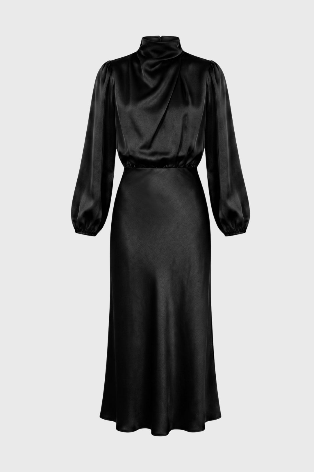 Midi Dress Women - Mock Neck Draped | Bishop Sleeve Design