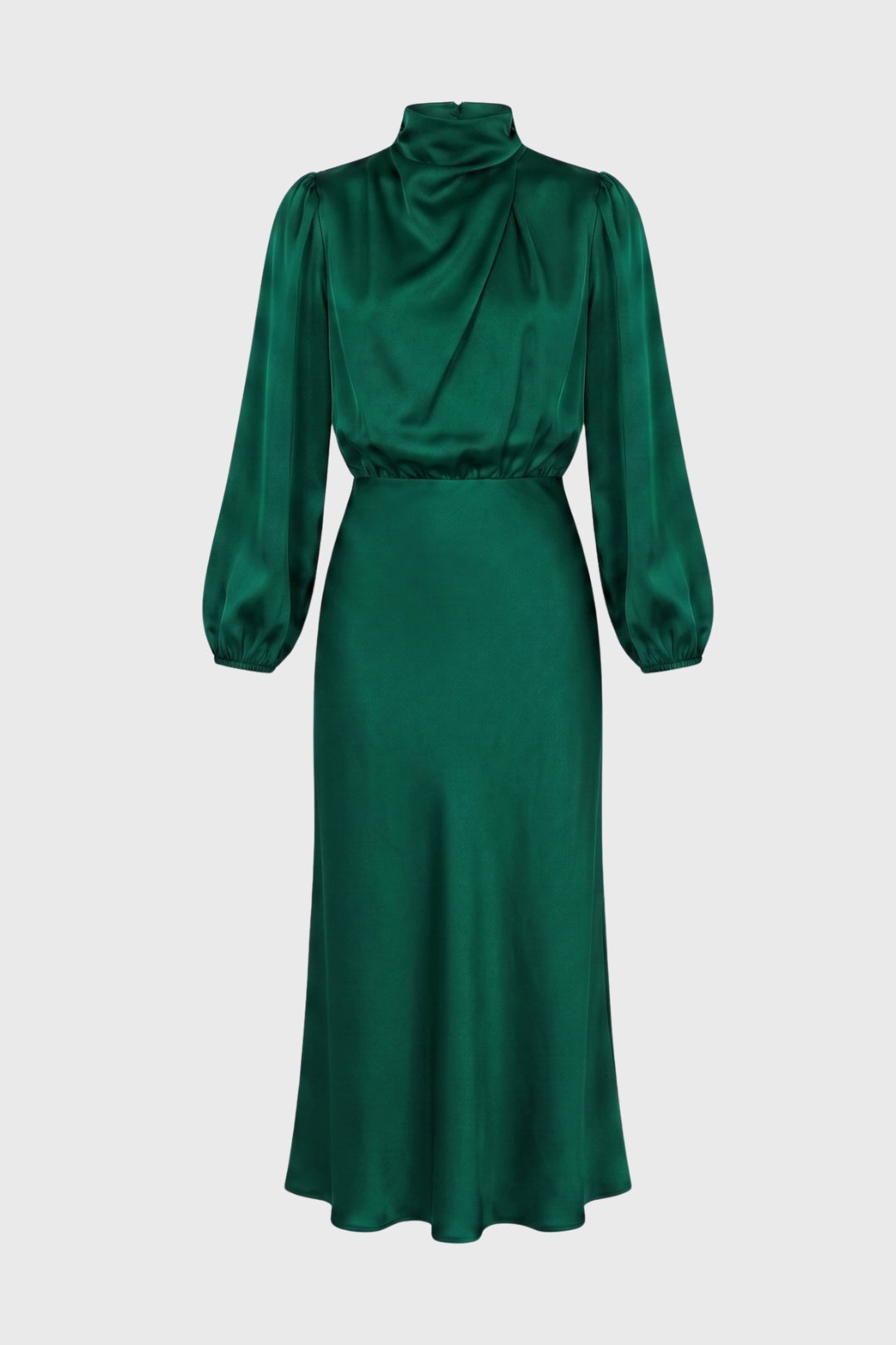 Midi Dress Women - Mock Neck Draped | Bishop Sleeve Design