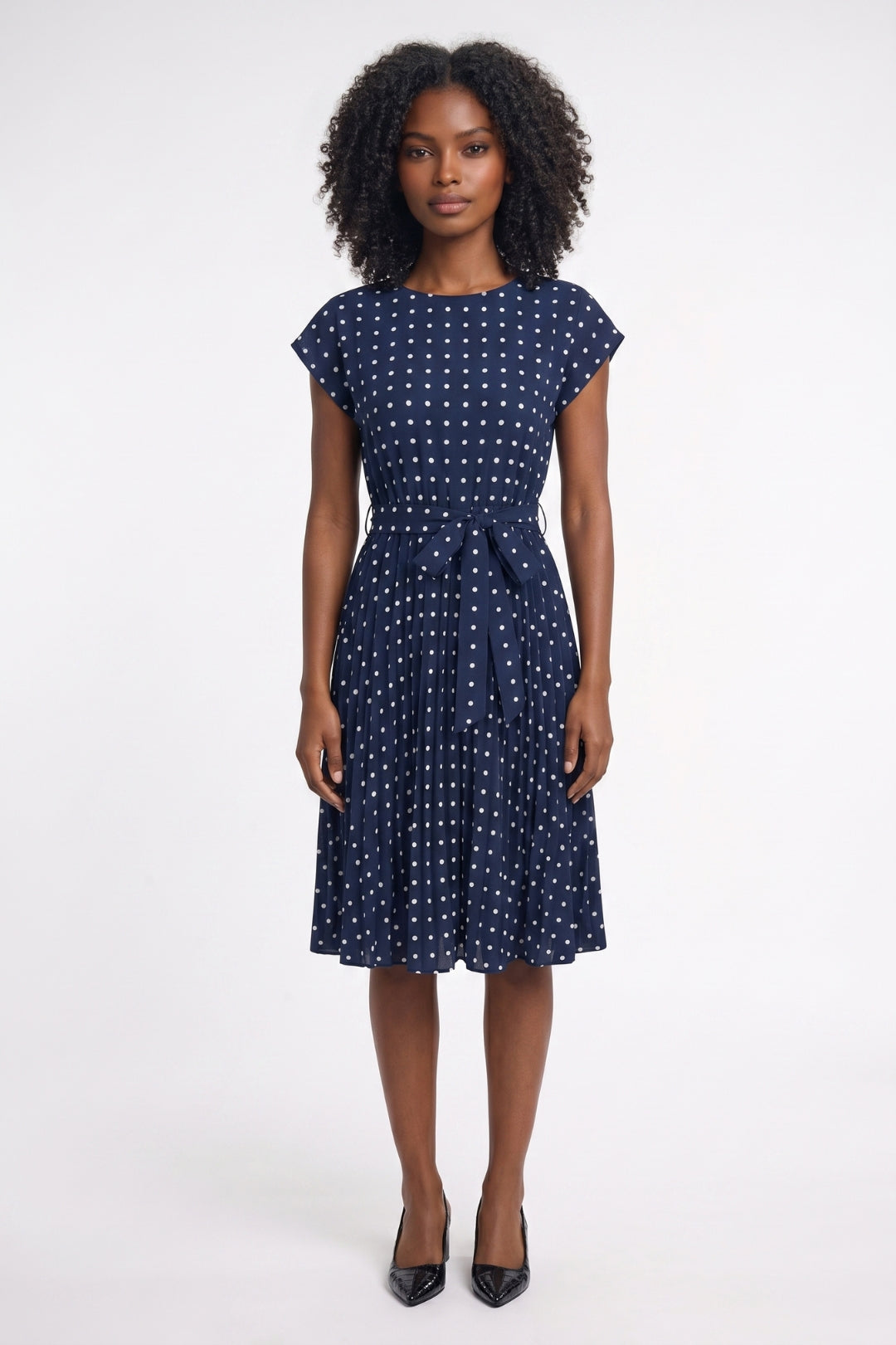 Midi Dress Women - Polka Dot Belted | Cap Sleeve Round Neck