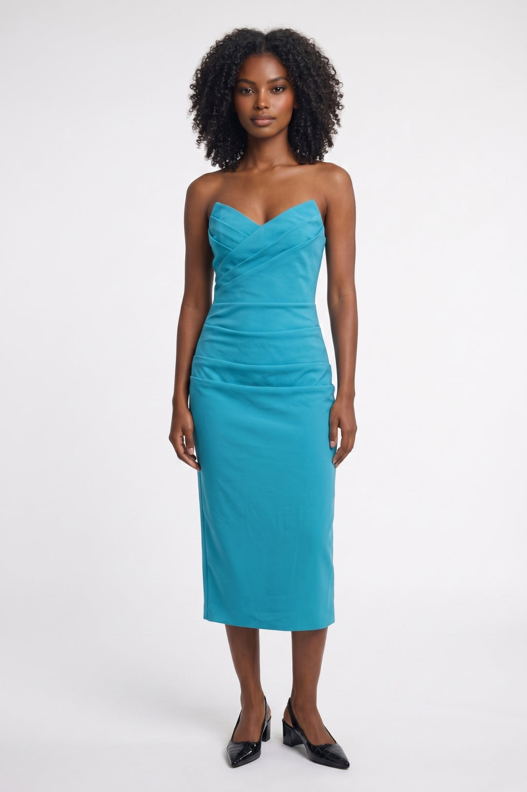 Midi Dress Women - Strapless Ruched Crossover | Turquoise Blue