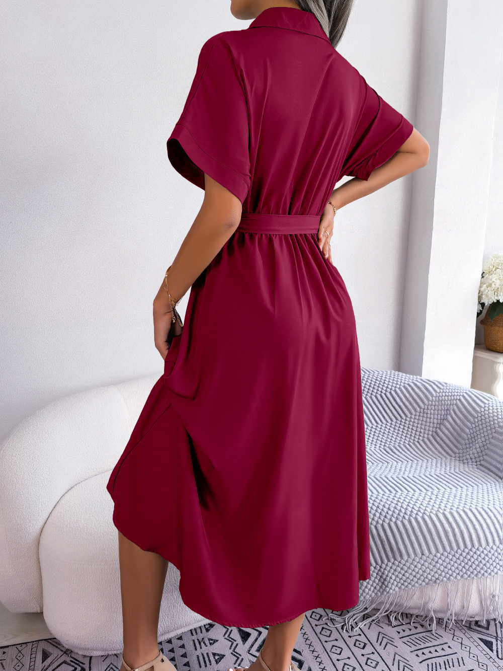 Naomi - Casual Women's Wedding Guest Dress with Shirt Collar and Belted Waist