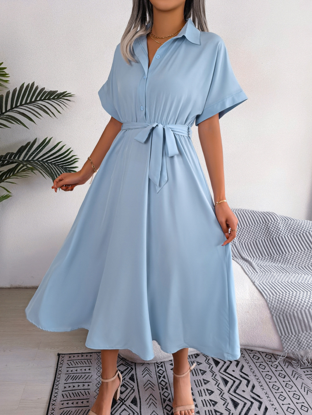 Naomi - Casual Women's Wedding Guest Dress with Shirt Collar and Belted Waist