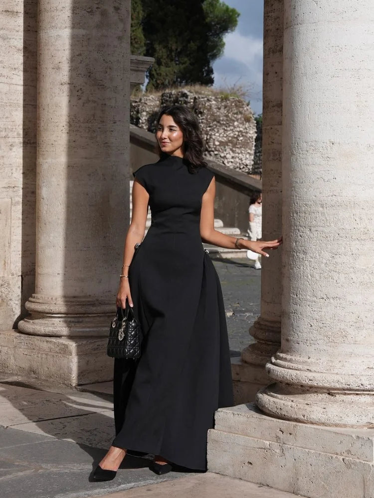 Natalie - Formal Women's Wedding Guest Dress with Mock Neck and Sleeveless Maxi Fit