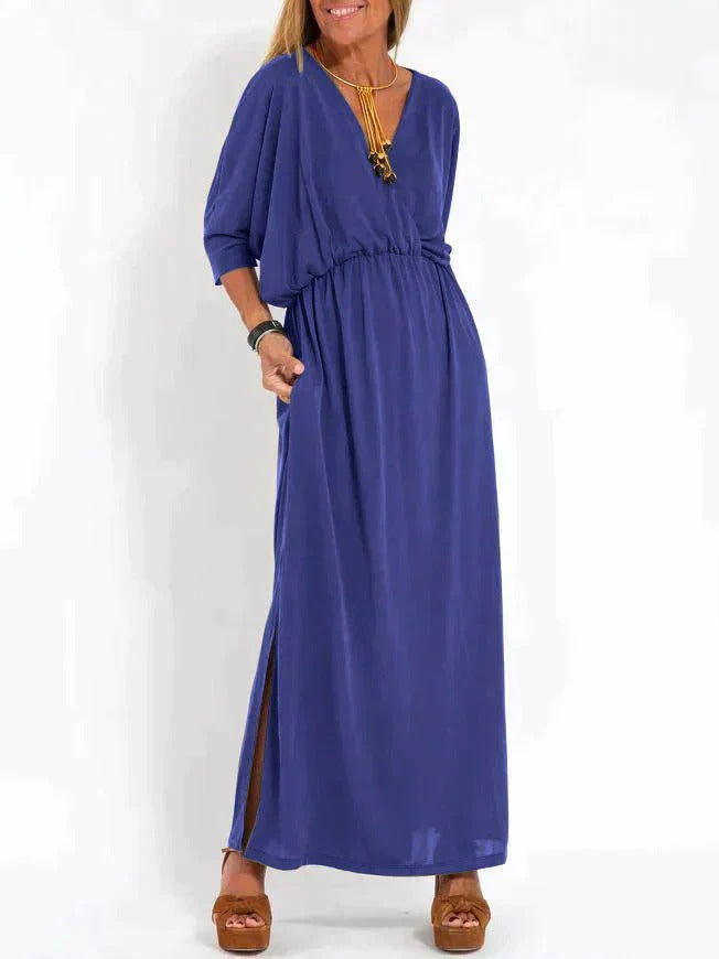Nora - Boho Women's Wedding Guest Maxi Dress with Deep V-Neckline and Elasticated Waist
