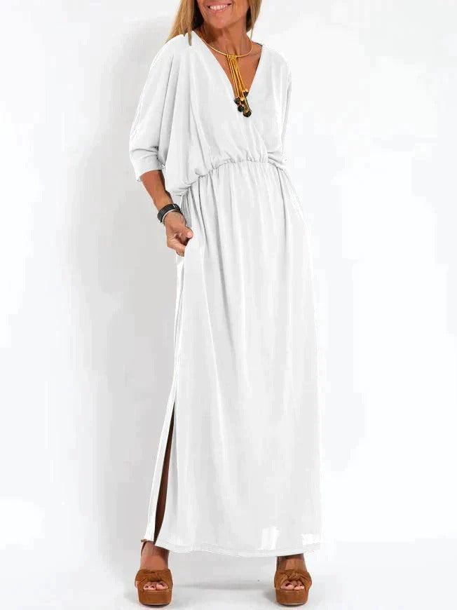 Nora - Boho Women's Wedding Guest Maxi Dress with Deep V-Neckline and Elasticated Waist