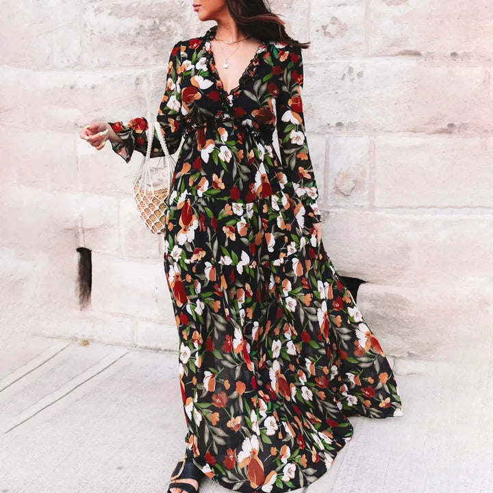 Nora - Flowy Women's Wedding Guest Dress with Floral Print and Long Sleeves