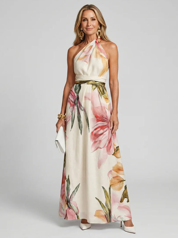 Olivia - Elegant Women's Wedding Guest Dress with Halter Neck and Floral Maxi Skirt