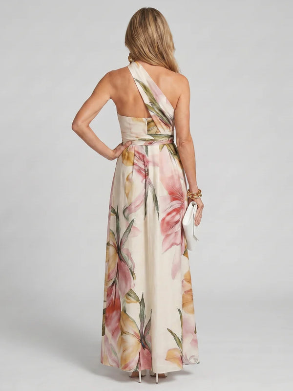 Olivia - Elegant Women's Wedding Guest Dress with Halter Neck and Floral Maxi Skirt