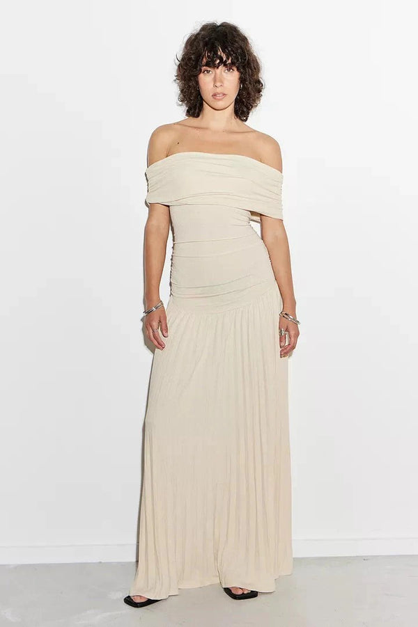Penelope - Flowy Women's Wedding Guest Maxi Dress with Off Shoulder Neckline and Pleated Skirt