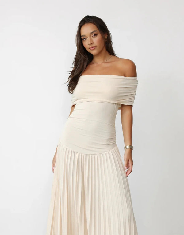 Penelope - Flowy Women's Wedding Guest Maxi Dress with Off Shoulder Neckline and Pleated Skirt