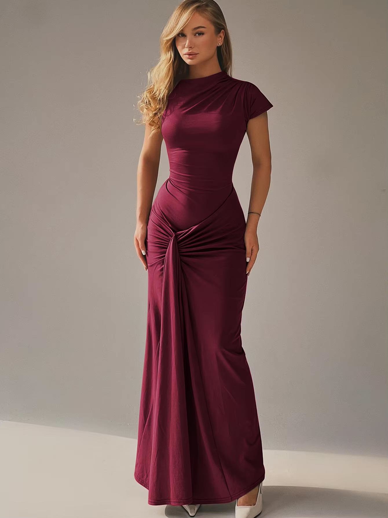 Riley - Elegant Women's Wedding Guest Dress with Mock Neck and Ruched Maxi Silhouette