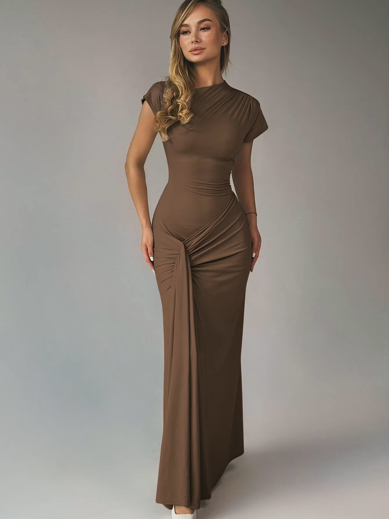 Riley - Elegant Women's Wedding Guest Dress with Mock Neck and Ruched Maxi Silhouette