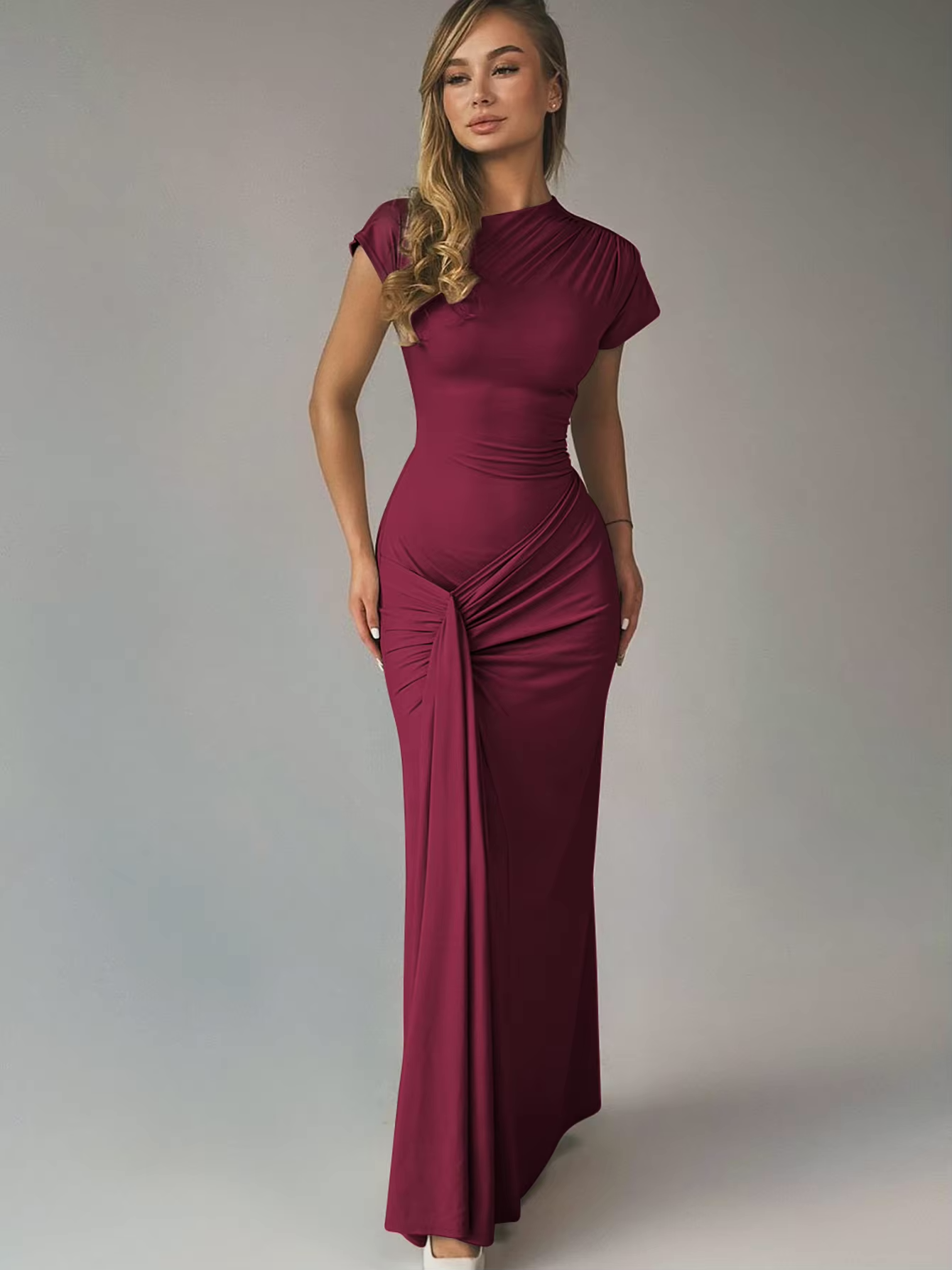 Riley - Elegant Women's Wedding Guest Dress with Mock Neck and Ruched Maxi Silhouette