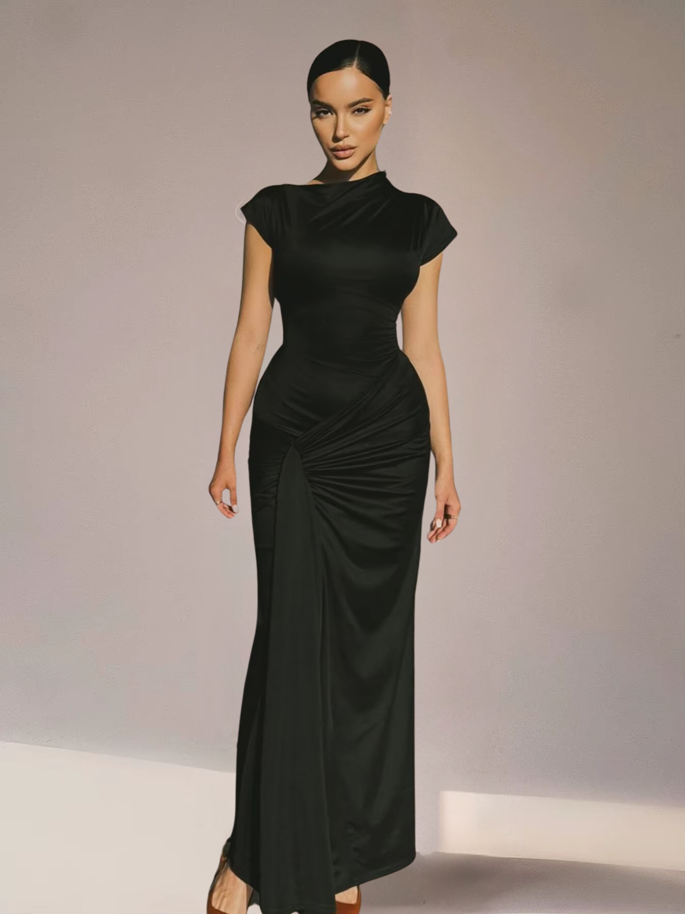 Riley - Elegant Women's Wedding Guest Dress with Mock Neck and Ruched Maxi Silhouette