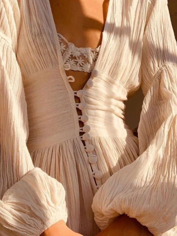 Sienna - Flowy Women's Boho Maxi Dress with Deep V-Neck and Button Front