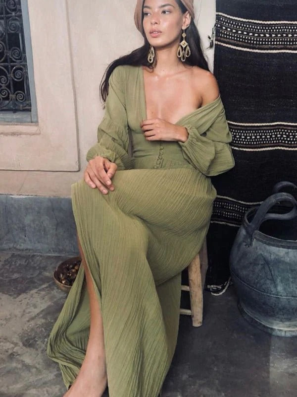 Sienna - Flowy Women's Boho Maxi Dress with Deep V-Neck and Button Front