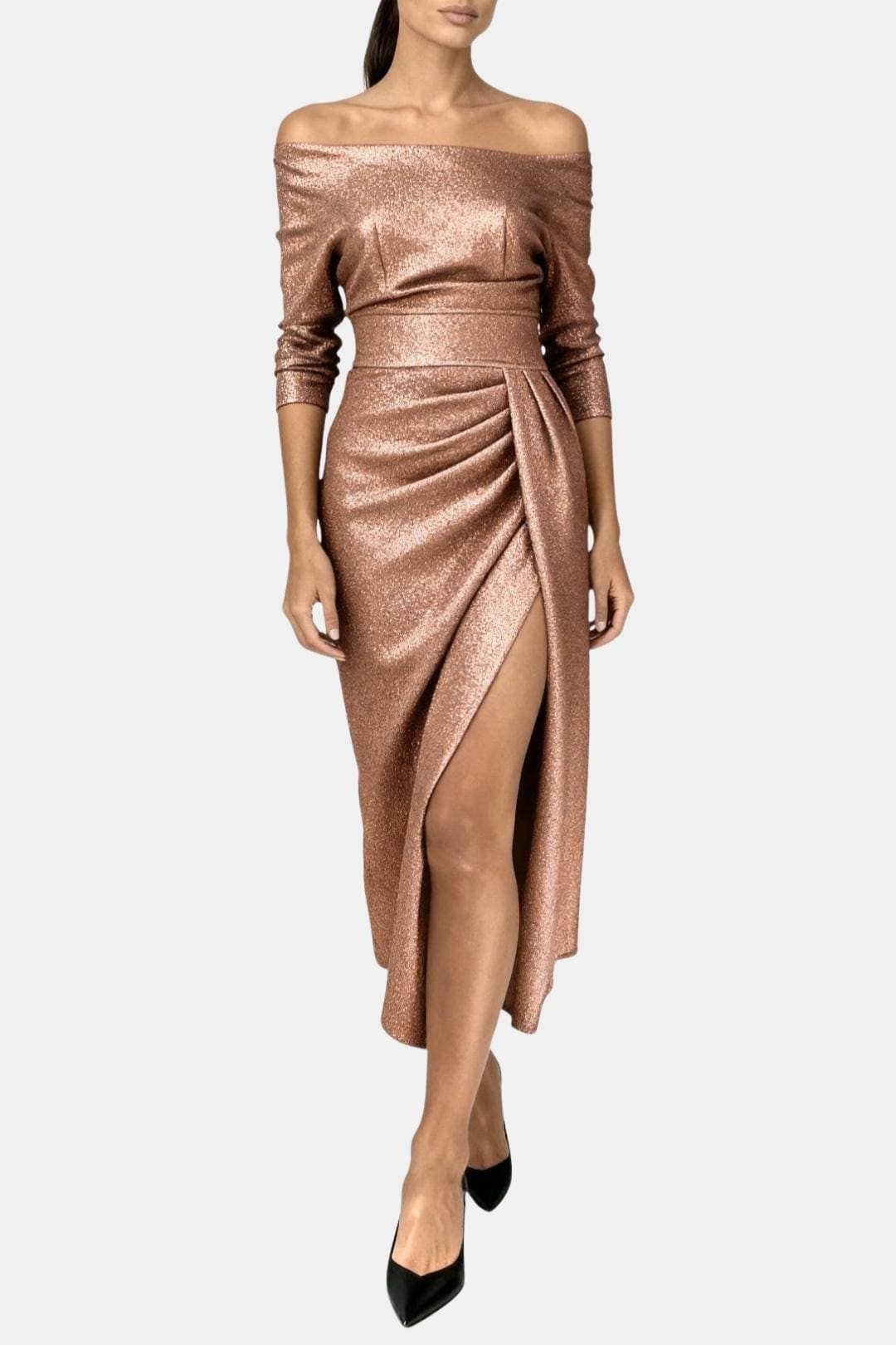 Sophia - Glam Women's Wedding Guest Dress with Off-Shoulder Neckline and Thigh Split