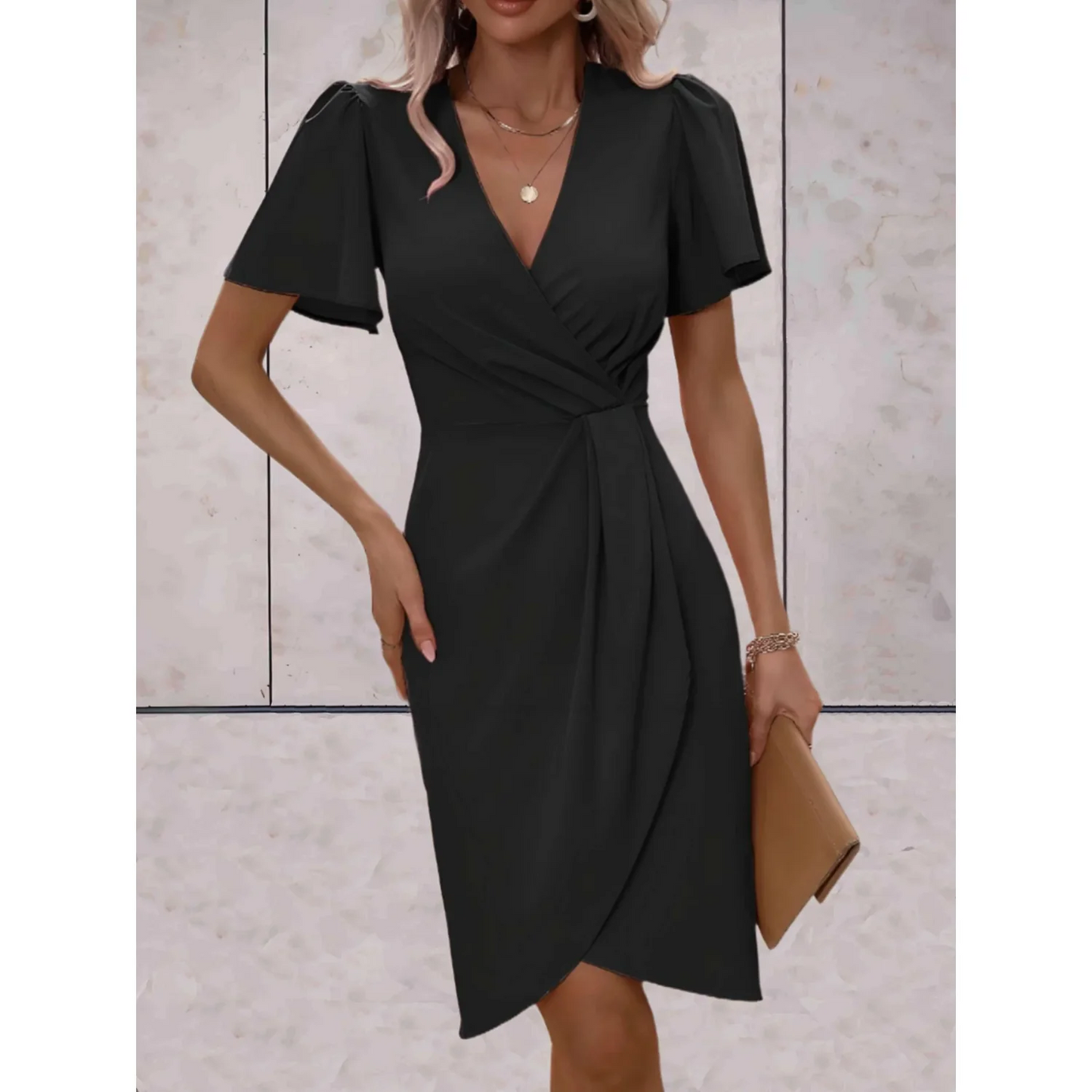 Stella - Elegant Women's Wedding Guest Dress with Wrap V-Neck and Flutter Sleeves