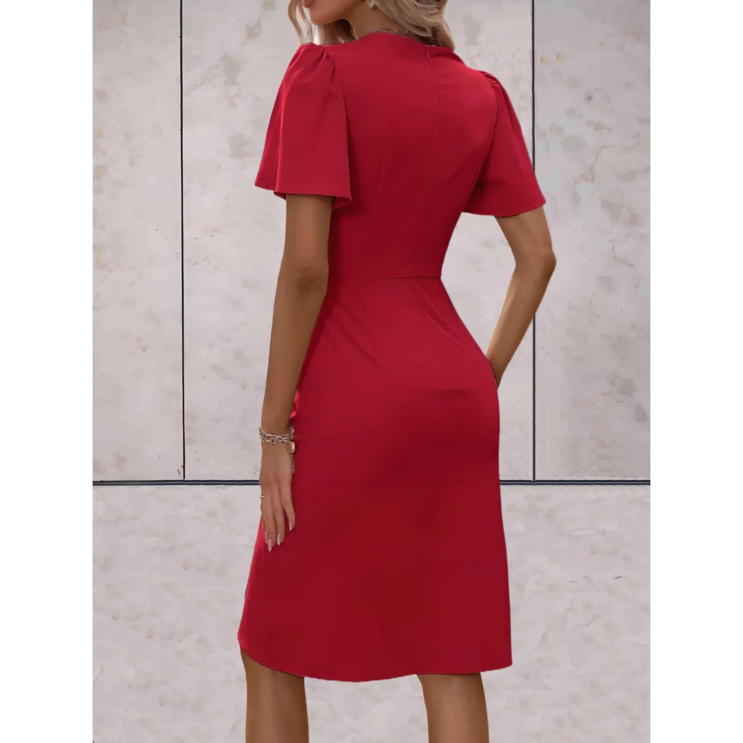 Stella - Elegant Women's Wedding Guest Dress with Wrap V-Neck and Flutter Sleeves