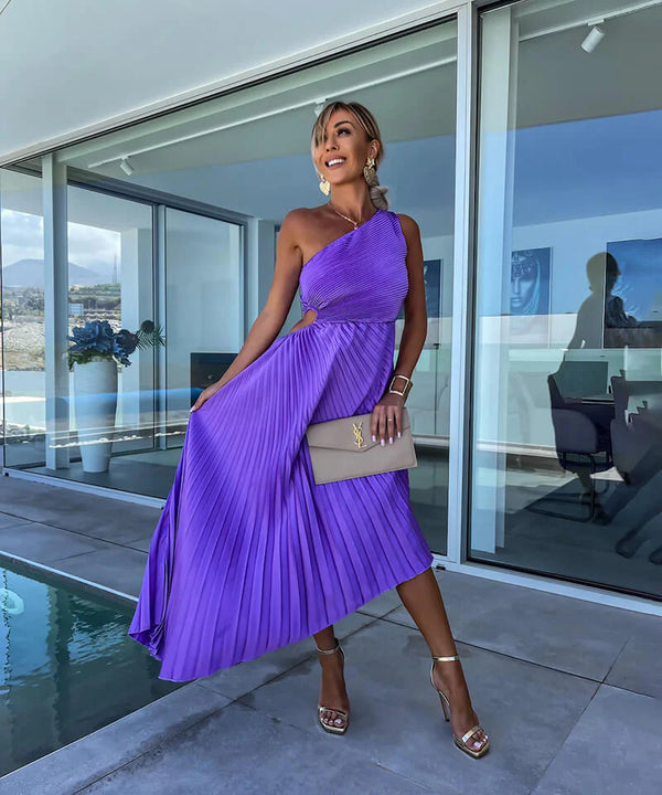 Valentina - Elegant Women's Wedding Guest Dress with One Shoulder and Pleated Asymmetric Hem
