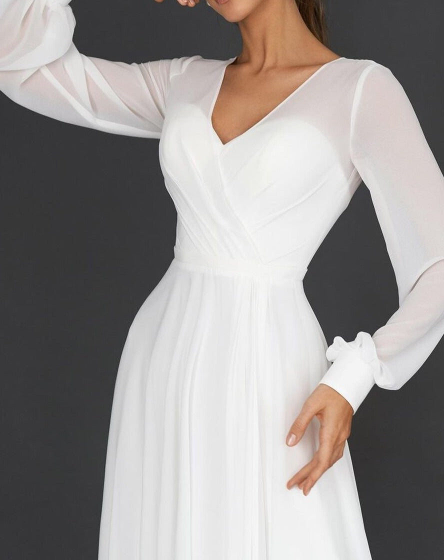 Victoria - Elegant Women's Wedding Guest Dress with V-Neck and Flowing Long Sleeves