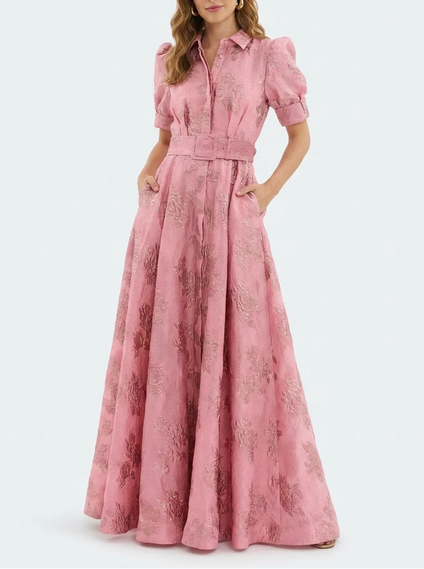 Vivienne - Elegant Women's Wedding Guest Maxi Dress with Puff Sleeve and Belted Waist