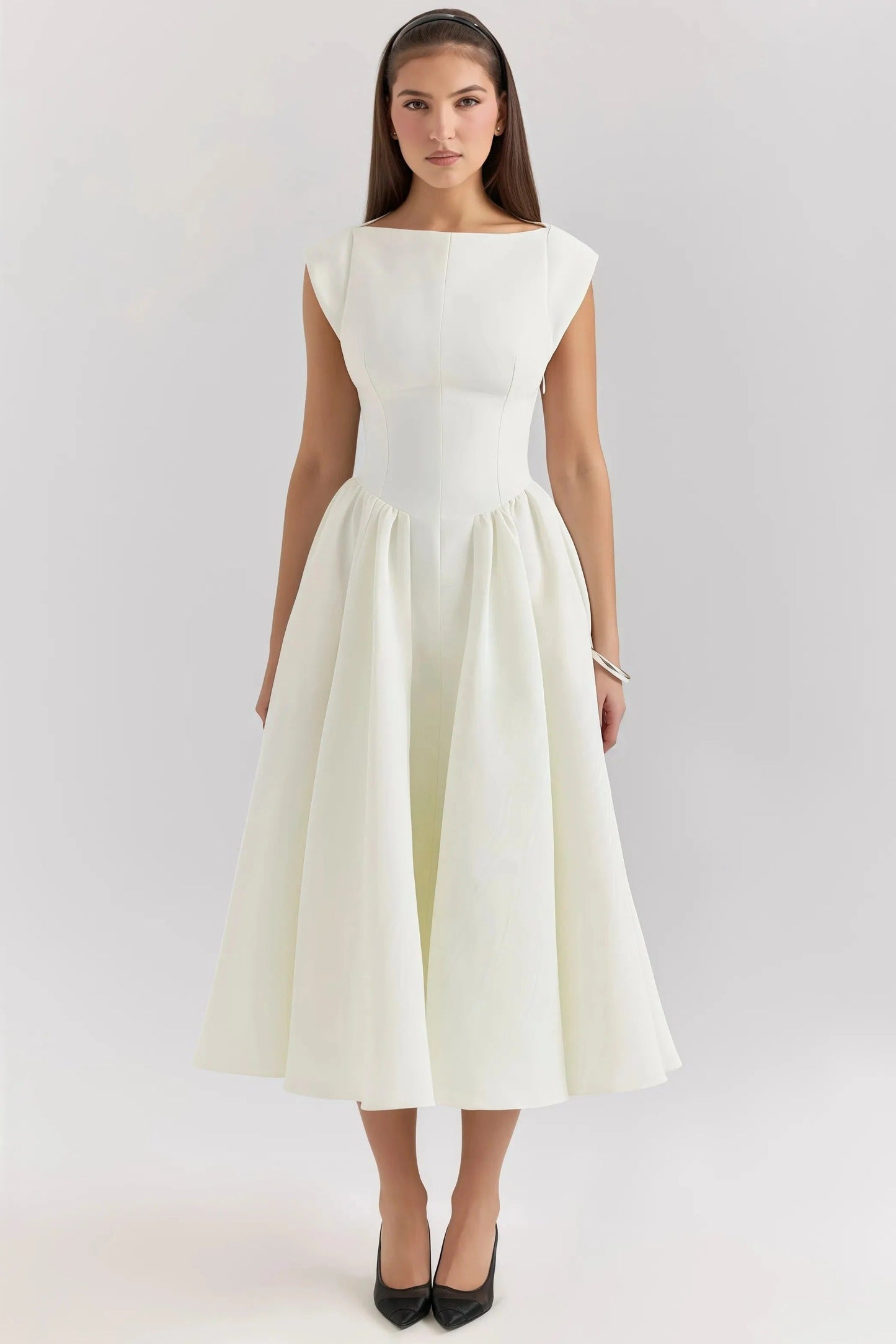 Vivienne - Elegant Women's Wedding Guest Midi Dress with Bateau Neckline and Full Pleated Skirt