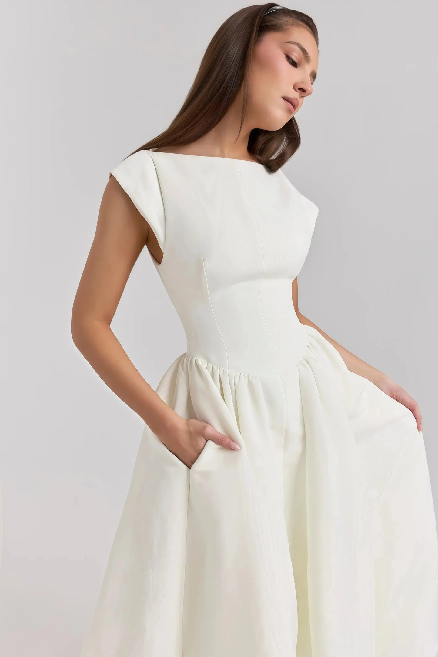 Vivienne - Elegant Women's Wedding Guest Midi Dress with Bateau Neckline and Full Pleated Skirt