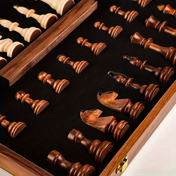 Wooden Chess Set - Foldable Solid Wood Board with Storage