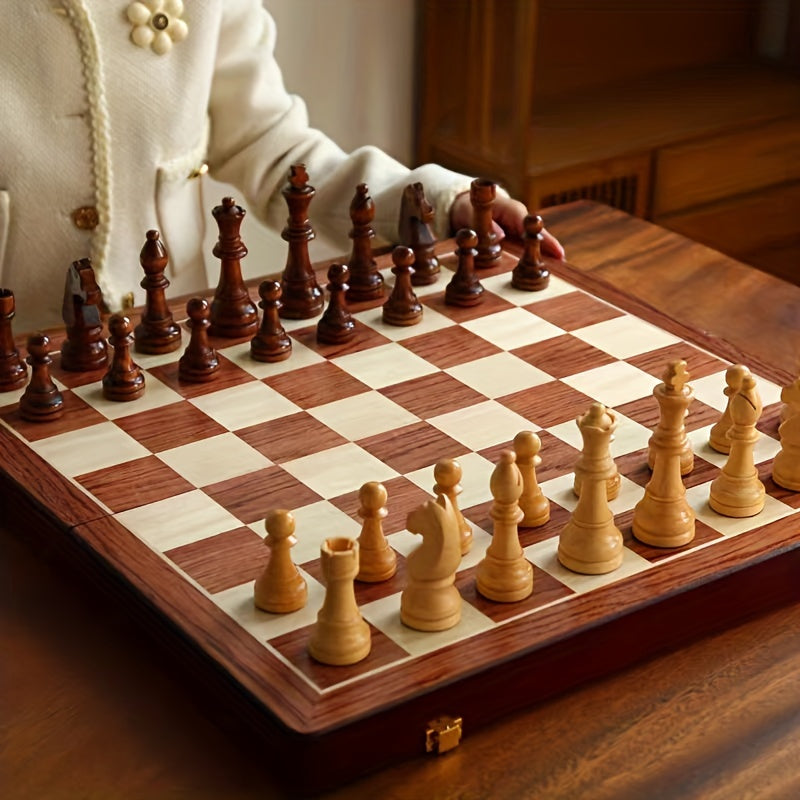Wooden Chess Set - Foldable Solid Wood Board with Storage