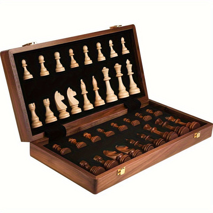 Wooden Chess Set - Foldable Solid Wood Board with Storage