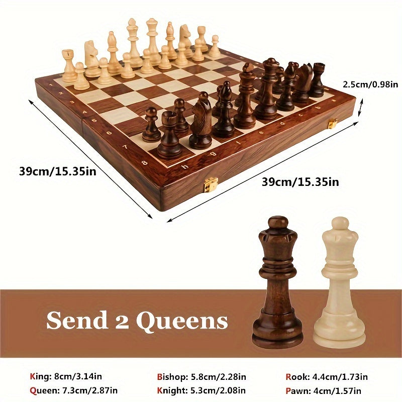 Wooden Chess Set - Foldable Solid Wood Board with Storage