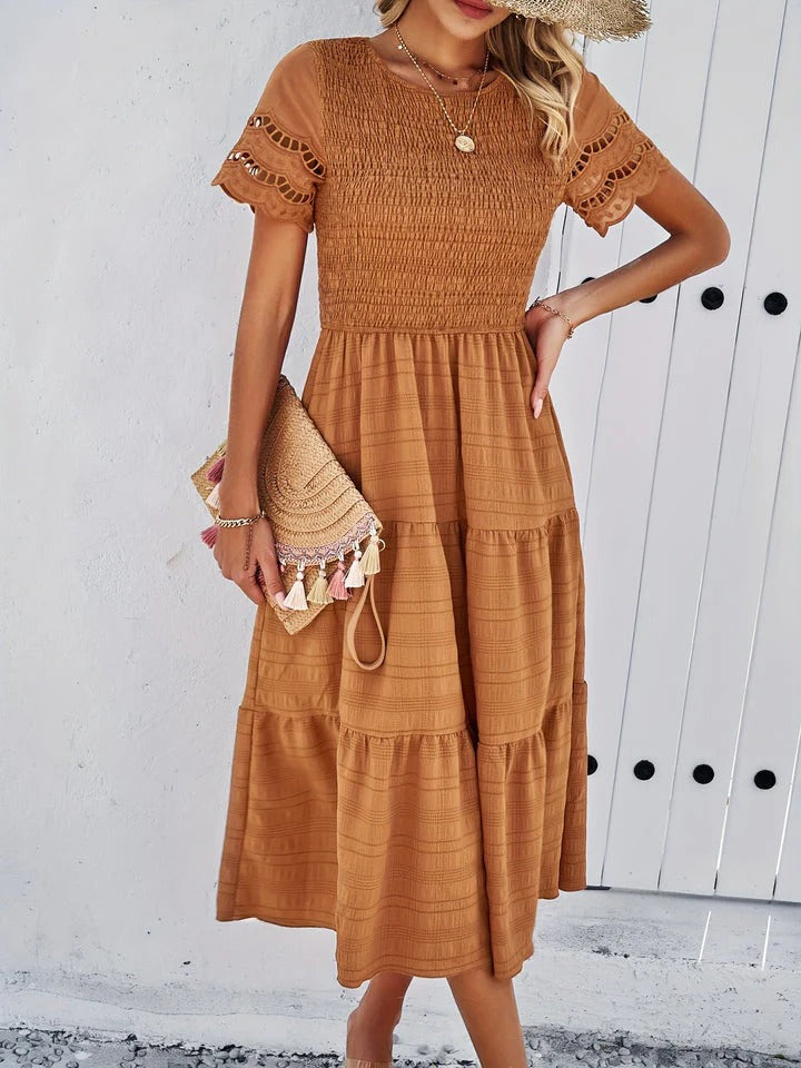 Zoe - Casual Women's Wedding Guest Midi Dress with Smocked Bodice and Crochet Trim Sleeves