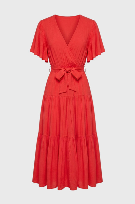 Midi Dress Women - Flowy Flutter Sleeve | Wrap-Style Tiered